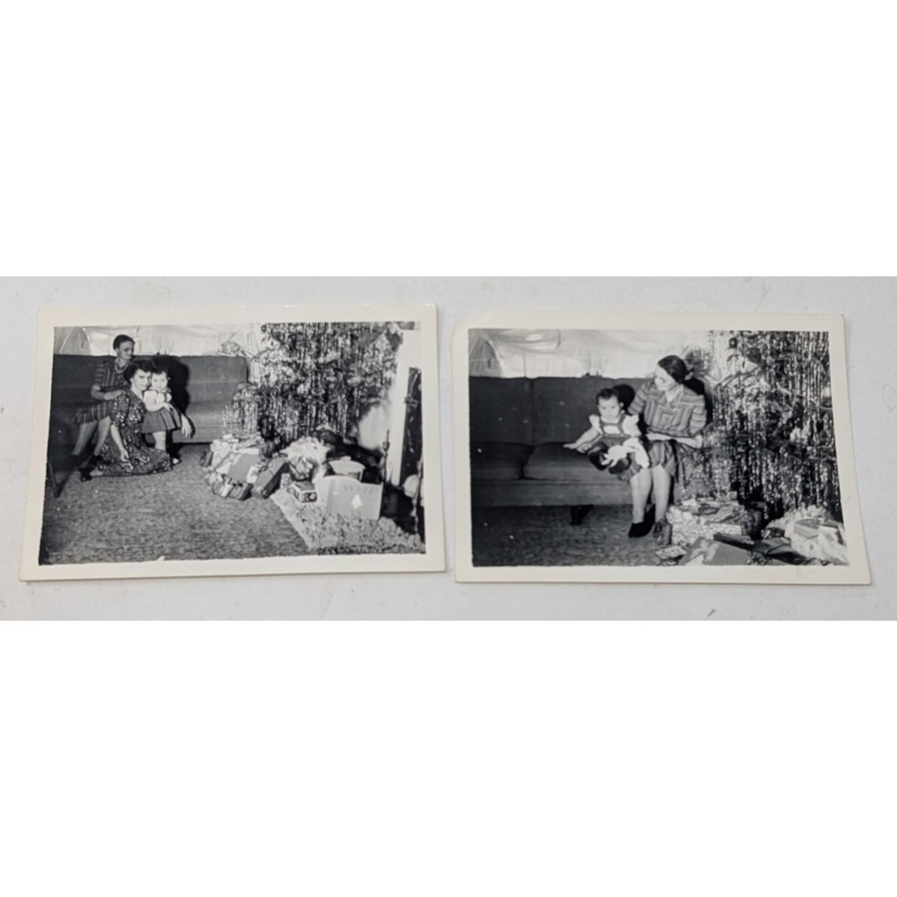 Vintage Photo 1940s‎ Christmas Tree Morning Baby Mother Tree Grandma Photograph